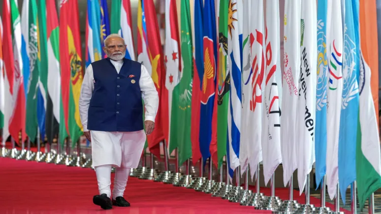Prime Minister Narendra Modi arrives at Bharat Mandapam on Day 2 of the BRICS Summit 2026