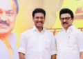 Former Tamil Nadu minister Anbil Mahesh Poyyamozhi with then Chief Minister M.K. Stalin (file photo).