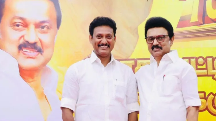 Former Tamil Nadu minister Anbil Mahesh Poyyamozhi with then Chief Minister M.K. Stalin (file photo).