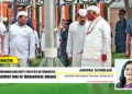 Congress Parliamentary Party Chairperson Sonia Gandhi and Congress President Mallikarjun Kharge speak with a party worker during the rendition of Vande Mataram at the 80th Independence Day celebrations at Congress headquarters, in New Delhi on August 15. Lok Sabha LoP Rahul Gandhi is also present