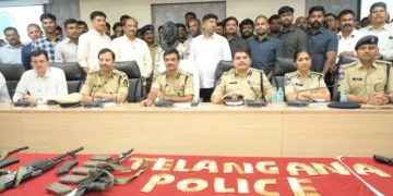 Telangana DGP C.V. Anand and senior police officials display the firearms, magazines and ammunition recovered in the Secunderabad Cantonment arms theft case on September 11, 2026