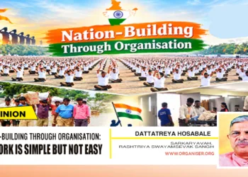 Swayamsevaks participating during the Sangh’s centenary year celebrations at Lal Parade Ground in Bhopal on September 20, 2026