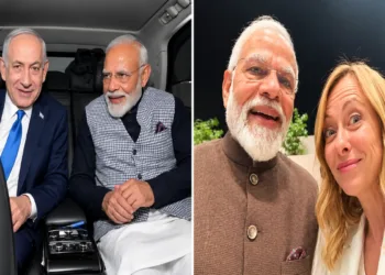 Israel PM Netanyahu with PM Modi and Italian PM Georgia Meloni with PM Modi