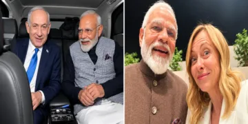 Israel PM Netanyahu with PM Modi and Italian PM Georgia Meloni with PM Modi