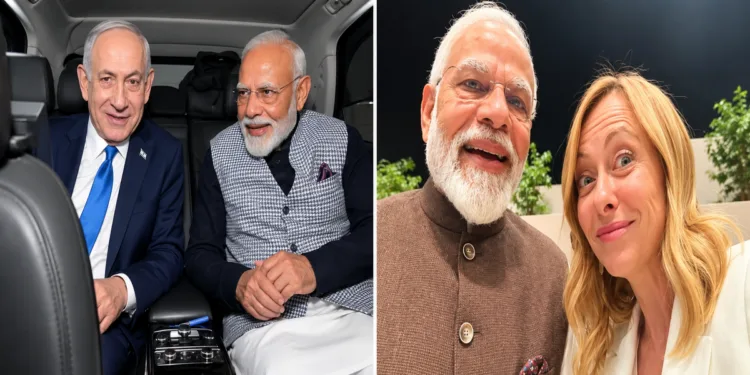 Israel PM Netanyahu with PM Modi and Italian PM Georgia Meloni with PM Modi