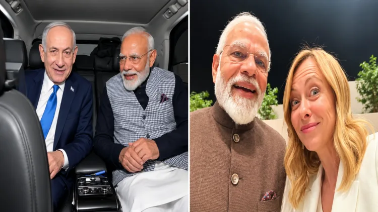 Israel PM Netanyahu with PM Modi and Italian PM Georgia Meloni with PM Modi