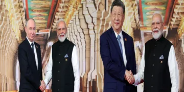 (Left) Prime Minister Narendra Modi and Russian President Vladimir Putin (Right) Prime Minister Narendra Modi and Chinese President Xi Jinping in the backdrop of the Rameshwaram temple corridor in the backdrop of the BRICS 2026 summit