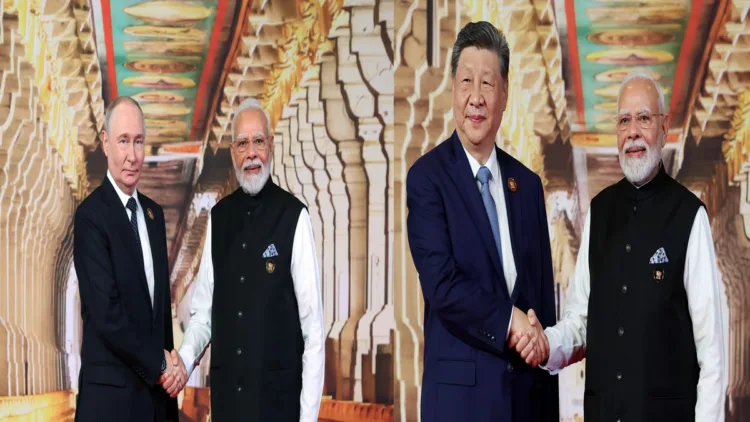 (Left) Prime Minister Narendra Modi and Russian President Vladimir Putin (Right) Prime Minister Narendra Modi and Chinese President Xi Jinping in the backdrop of the Rameshwaram temple corridor in the backdrop of the BRICS 2026 summit