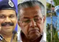 P. Vijayan, IPS, former CM Pinarayi Vijayan, Poster of football player Messi (Left to right)