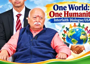 RSS Sarsanghchalak Dr Mohan Bhagwat delivering the keynote address at the interfaith dialogue ‘One World, One Humanity’ in New York on August 29, 2026