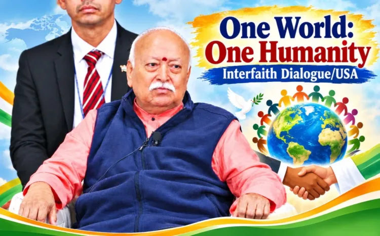 RSS Sarsanghchalak Dr Mohan Bhagwat delivering the keynote address at the interfaith dialogue ‘One World, One Humanity’ in New York on August 29, 2026