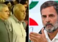Omar and Farooq Abdullah stand in attention as Vande Mataram plays; (right) Rahul Gandhi.