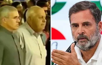 Omar and Farooq Abdullah stand in attention as Vande Mataram plays; (right) Rahul Gandhi.