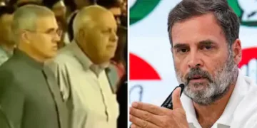 Omar and Farooq Abdullah stand in attention as Vande Mataram plays; (right) Rahul Gandhi.