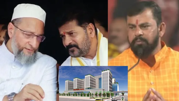 Asaduddin Owaisi; Revanth Reddy; Raja Singh (Left to Right) - Inset-Proposed Osmania Hospital