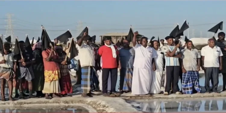 Salt-pan workers staged a black flag protest on September 7 at in Thoothukudi