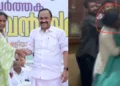 Congress MLA Remya Haridas with CM V.D. Satheeshan (left); Remya Haridas during the scuffle (right)