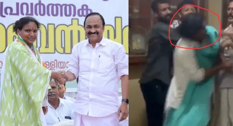 Congress MLA Remya Haridas with CM V.D. Satheeshan (left); Remya Haridas during the scuffle (right)