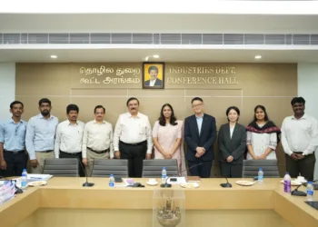 Mr. Sunjoon Hong, Team Lead, Global Business Team, HD KSOE, Korea, along with his team, met the Tamil Nadu Minister for Industries Ms. Keerthana and Additional Chief Secretary, Industries, Dr.S. Vijayakumar, IAS, along with senior officials of the Government of Tamil Nadu, at the Secretariat on September 9, 2026.