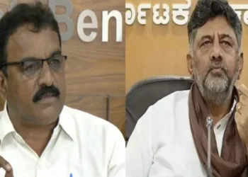 Karnataka State Contractors' Association President R Manjunath (Left), Karnataka CM DK Shivakumar (Right)