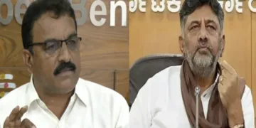 Karnataka State Contractors' Association President R Manjunath (Left), Karnataka CM DK Shivakumar (Right)
