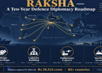 Ministry of Defence's ten-year defence diplomacy framework “RAKSHA”, at Kartavya Bhawan in New Delhi. (Source: AI generated Image)