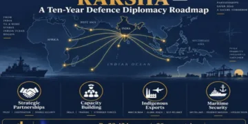 Ministry of Defence's ten-year defence diplomacy framework “RAKSHA”, at Kartavya Bhawan in New Delhi. (Source: AI generated Image)