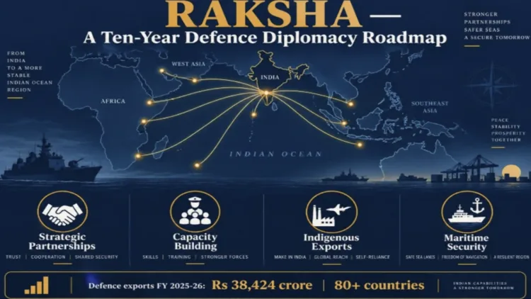 Ministry of Defence's ten-year defence diplomacy framework “RAKSHA”, at Kartavya Bhawan in New Delhi. (Source: AI generated Image)