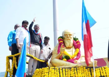Tamil Nadu Social Justice Minister Vanni Arasu and VCK Deputy General Secretary at EV Ramasamy Naicker’s statue on Anna Road in Chennai on September 17, 2026.