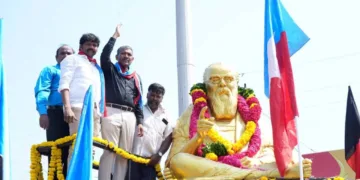 Tamil Nadu Social Justice Minister Vanni Arasu and VCK Deputy General Secretary at EV Ramasamy Naicker’s statue on Anna Road in Chennai on September 17, 2026.