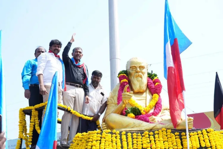 Tamil Nadu Social Justice Minister Vanni Arasu and VCK Deputy General Secretary at EV Ramasamy Naicker’s statue on Anna Road in Chennai on September 17, 2026.