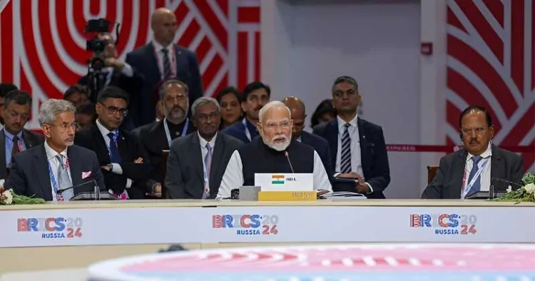 From left, India's EAM S. Jaishankar, PM Narendra Modi and NSA Ajit Doval during the 16th BRICS Summit in Kazan, Russia, in 2024