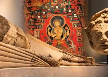 (Left foreground) 12-metre reclining Buddha; (Middle) Buddhist Mural; (Right) Buddha head in Ajina-Tepa, Tajikistan.