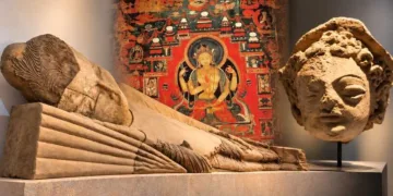 (Left foreground) 12-metre reclining Buddha; (Middle) Buddhist Mural; (Right) Buddha head in Ajina-Tepa, Tajikistan.