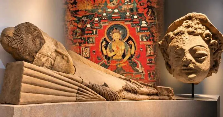 (Left foreground) 12-metre reclining Buddha; (Middle) Buddhist Mural; (Right) Buddha head in Ajina-Tepa, Tajikistan.