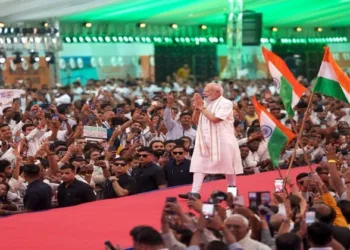 Prime Minister Narendra Modi at the ‘NaMo for Viksit Bharat’ event in Vadodara, Gujarat