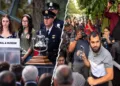 (Left) 9/11 anniversary ceremony at Ground Zero, with mourners and NYPD officers. (Right) Muslims gathered outside New York City Hall