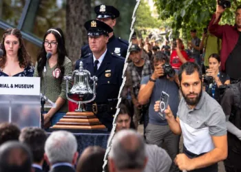 (Left) 9/11 anniversary ceremony at Ground Zero, with mourners and NYPD officers. (Right) Muslims gathered outside New York City Hall