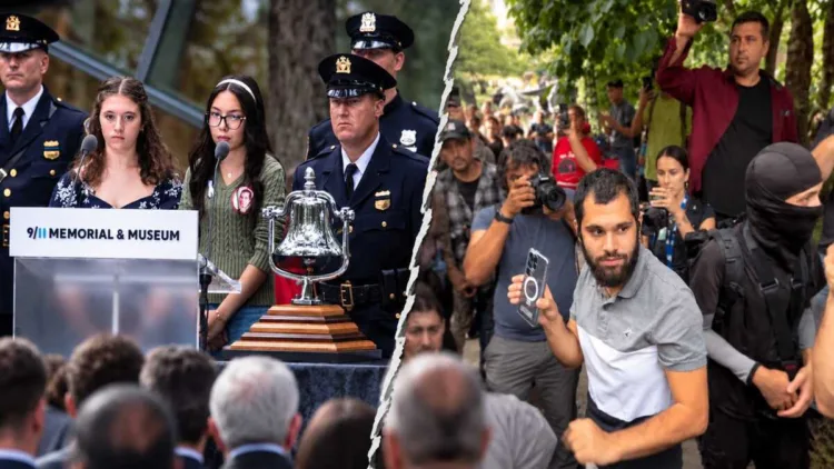 (Left) 9/11 anniversary ceremony at Ground Zero, with mourners and NYPD officers. (Right) Muslims gathered outside New York City Hall