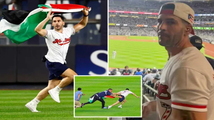 Kelly Marcucci being tackled by security after running onto the Yankee Stadium field with a Palestinian flag during the Yankees-Mets game on September 11, 2026