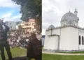 Bikers gather during the protest, with a pig’s head displayed (left); Kaunas Mosque in Lithuania (right).