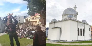 Bikers gather during the protest, with a pig’s head displayed (left); Kaunas Mosque in Lithuania (right).