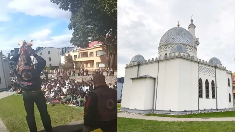 Bikers gather during the protest, with a pig’s head displayed (left); Kaunas Mosque in Lithuania (right).