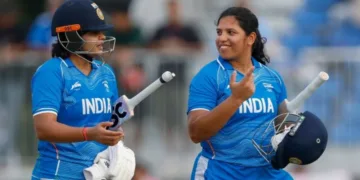 Shafali Verma and Richa Ghosh of India during the Quarter-Final match between Japan Women and India Women at Korogi Sports Park, Nisshin, Japan