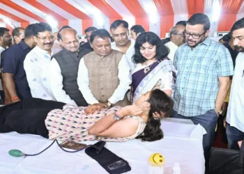 Odisha CM Mohan Charan Majhi attends the mega blood donation camp organised under the state-wide Seva Sankalp Abhiyan to mark PM Modi’s 76th birthday