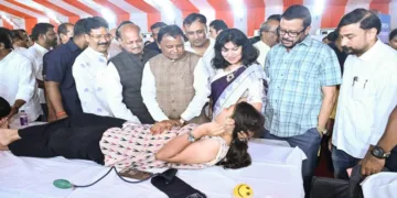 Odisha CM Mohan Charan Majhi attends the mega blood donation camp organised under the state-wide Seva Sankalp Abhiyan to mark PM Modi’s 76th birthday