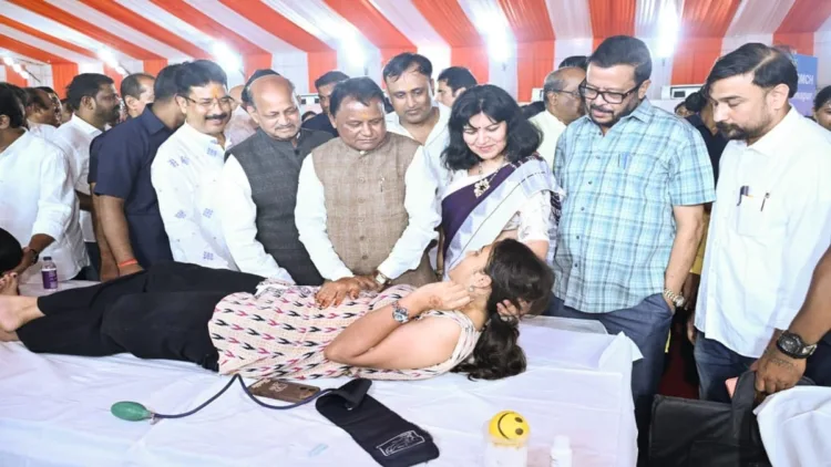 Odisha CM Mohan Charan Majhi attends the mega blood donation camp organised under the state-wide Seva Sankalp Abhiyan to mark PM Modi’s 76th birthday