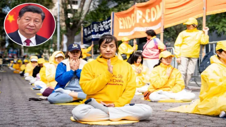 Practitioners call for an end to the persecution of Falun Gong in China, outside U.N. headquarters during the General Assembly in New York on Sept. 22, 2026