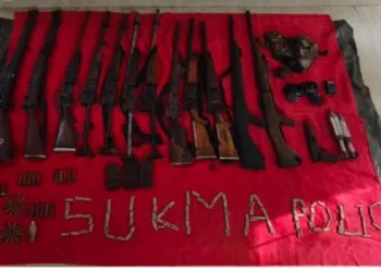 Weapons recovered from a Maoist dump in Chhattisgarh’s Sukma district