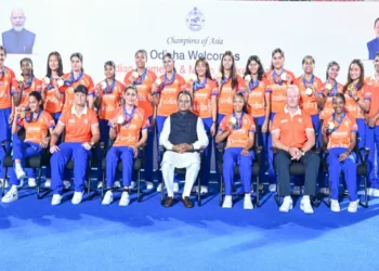 Odisha CM Mohan Charan Majhi at the felicitation ceremony honouring India’s gold-winning men’s and women’s hockey teams at the 2026 Asian Games
